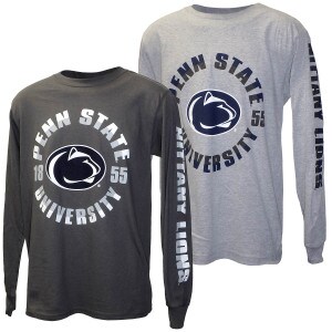 Charcoal and Heather Oxford long sleeve t-shirts with Penn State University 1855 encircling the Athletic Logo and Nittany Lions on left sleeve